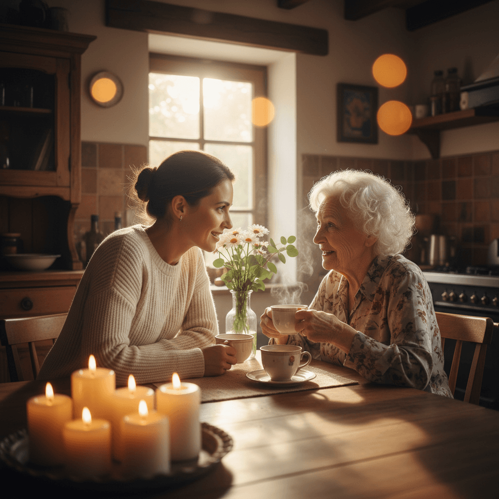 Caregiver and senior in meaningful conversation during home visit