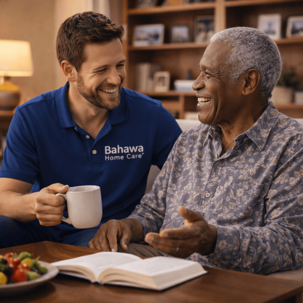 Smiling Bahawa Home Care worker laughs with a senior man over coffee and a book.