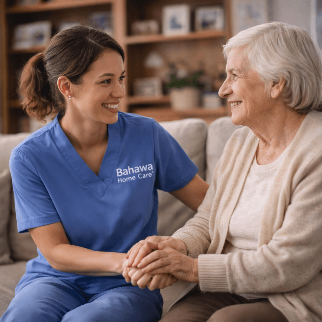 Smiling caregiver in blue scrubs holding hands with a happy senior woman on a sofa.