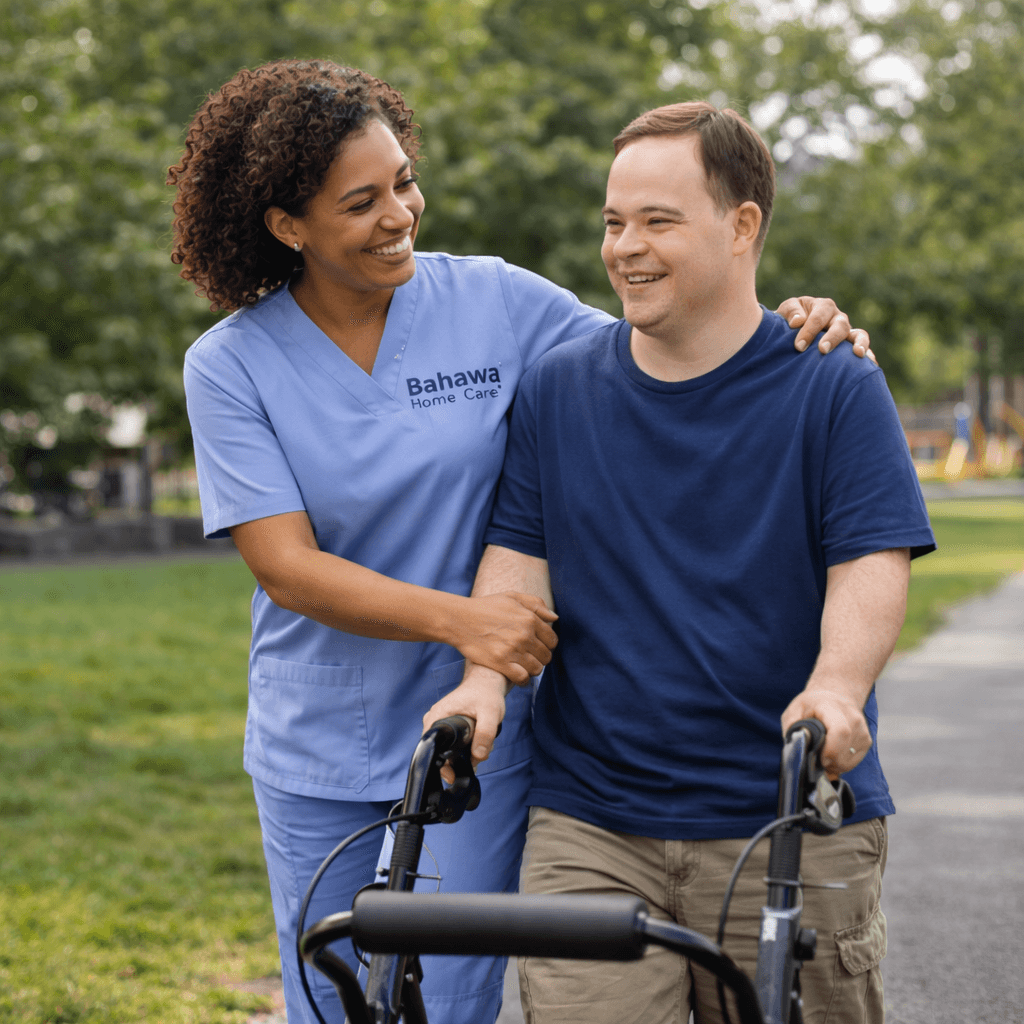 Smiling caregiver in blue scrubs assists a man with Down syndrome using a walker.